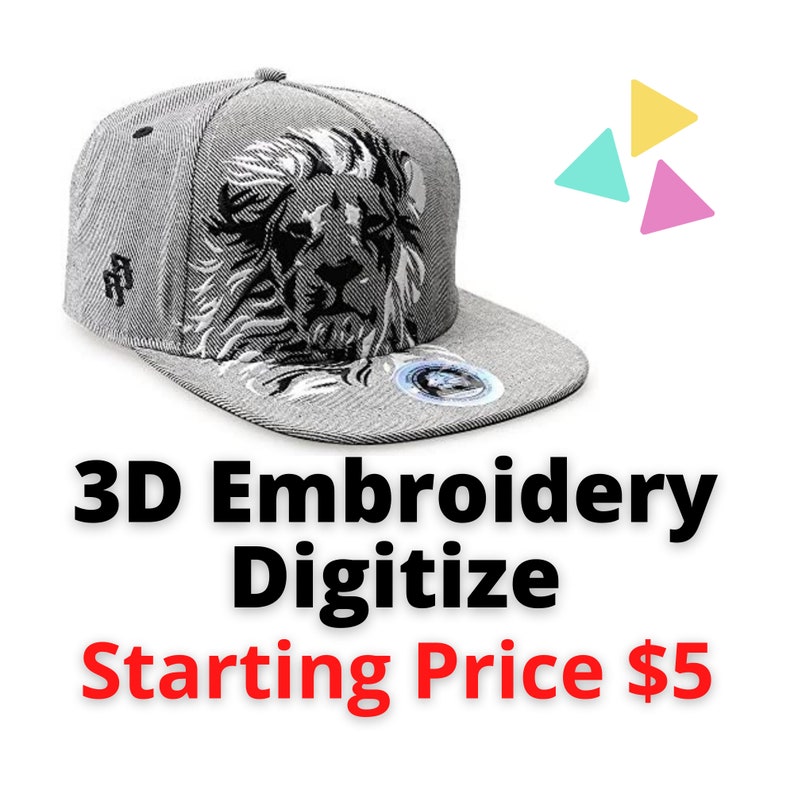 May include: A gray snapback hat with a detailed embroidered lion design on the front. The hat features a flat brim and a structured crown. The text "3D Embroidery Digitize" is displayed below the hat.