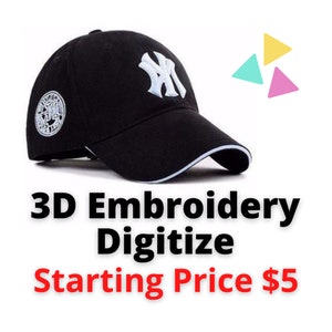 May include: Black baseball cap with a white embroidered "NY" logo on the front. The cap has a white trim along the brim and a circular emblem on the side. The text "3D Embroidery Digitze" is displayed below the cap.