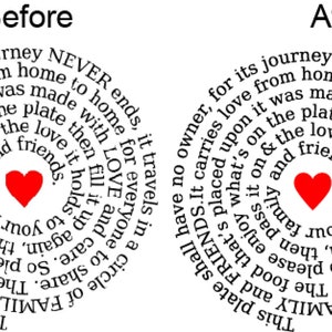 May include: A white graphic with a spiral of text and a red heart in the center. The text reads "This plate shall have no owner, for its journey never ends, it carries love from home to home..."