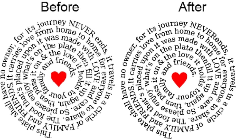 May include: A white graphic with a spiral of text and a red heart in the center. The text reads "This plate shall have no owner, for its journey never ends, it carries love from home to home..."