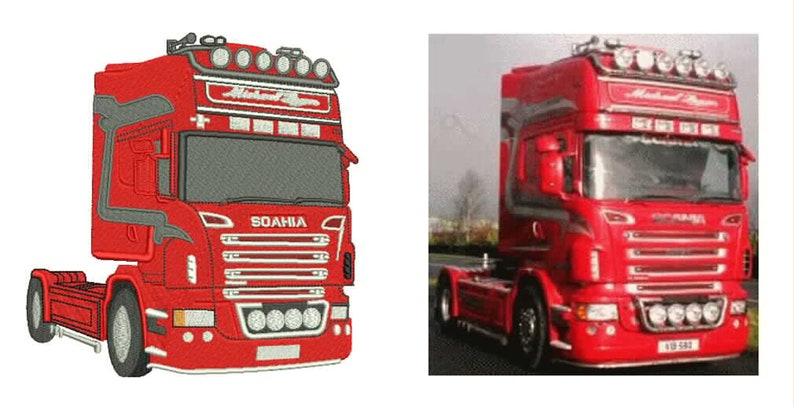 May include: Red semi-truck with gray accents and the text "Michael Ryder" above the windshield. The truck has multiple lights on the roof and front bumper. The word "SOAHA" is visible on the front.