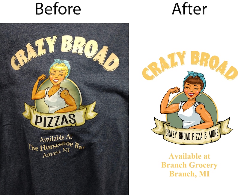 May include: A dark gray t-shirt featuring a cartoon image with the words "CRAZY BROAD PIZZAS" in gold lettering. The image includes a smiling woman flexing her arm. Below the image is the text "Available At The Horseshoe Bar Amasa, MI."