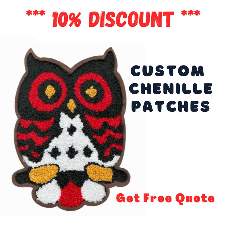 May include: A custom chenille patch in the shape of an owl. The owl has a black body with red and white accents, yellow eyes, and a brown border. Text on the image reads "10% Discount" and "Get Free Quote".