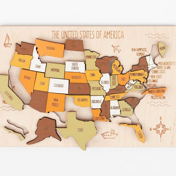 USA map Puzzle Wooden sorter Montessori Educational toy Kids toys Eco toys Children Baby gift Birthday Learning game Independence Day gift
