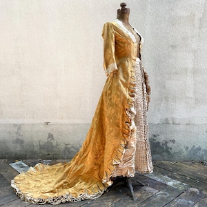 Antique Victorian 1870s 1880s French Gold Silk Jacquard House of Worth Style Court Presentation Gown Reception Dress with Train