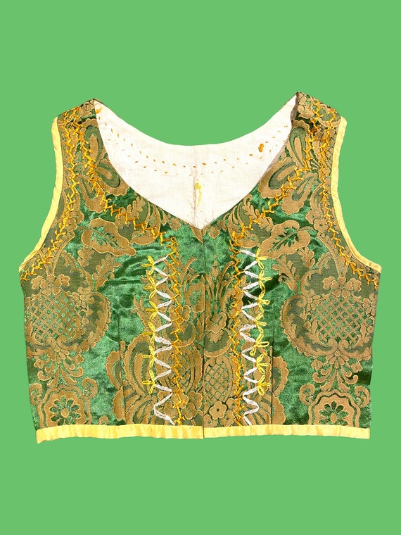 Antique 1920s Boho Handmade Embroidered Green Jacquard Traditional Folk Costume Vest Slovakia Size Small