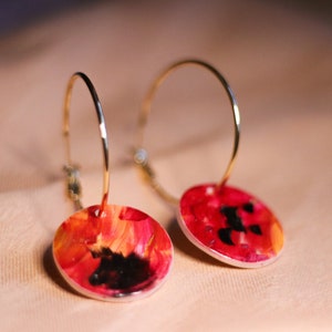 Hand-painted red and black hoop earrings | 18K Gold plated brass | colourful polymer clay jewellery | last minute Valentines Day gift ideas