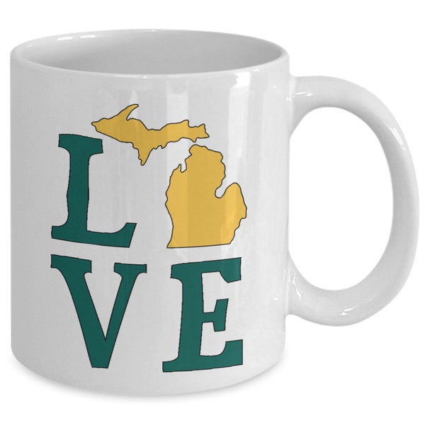 Michigan Themed Souvenir Mug Gift Idea Wayne State for Michigander Native College Love Block for Her Him (Green & Gold Design on White Mug)