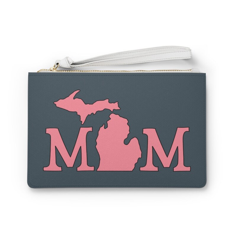 Purse for Mom Gift Idea for Mom Clutch Wristlet Michigan Themed Great Lakes Souvenir Michigander Pink on Dark Gray image 1