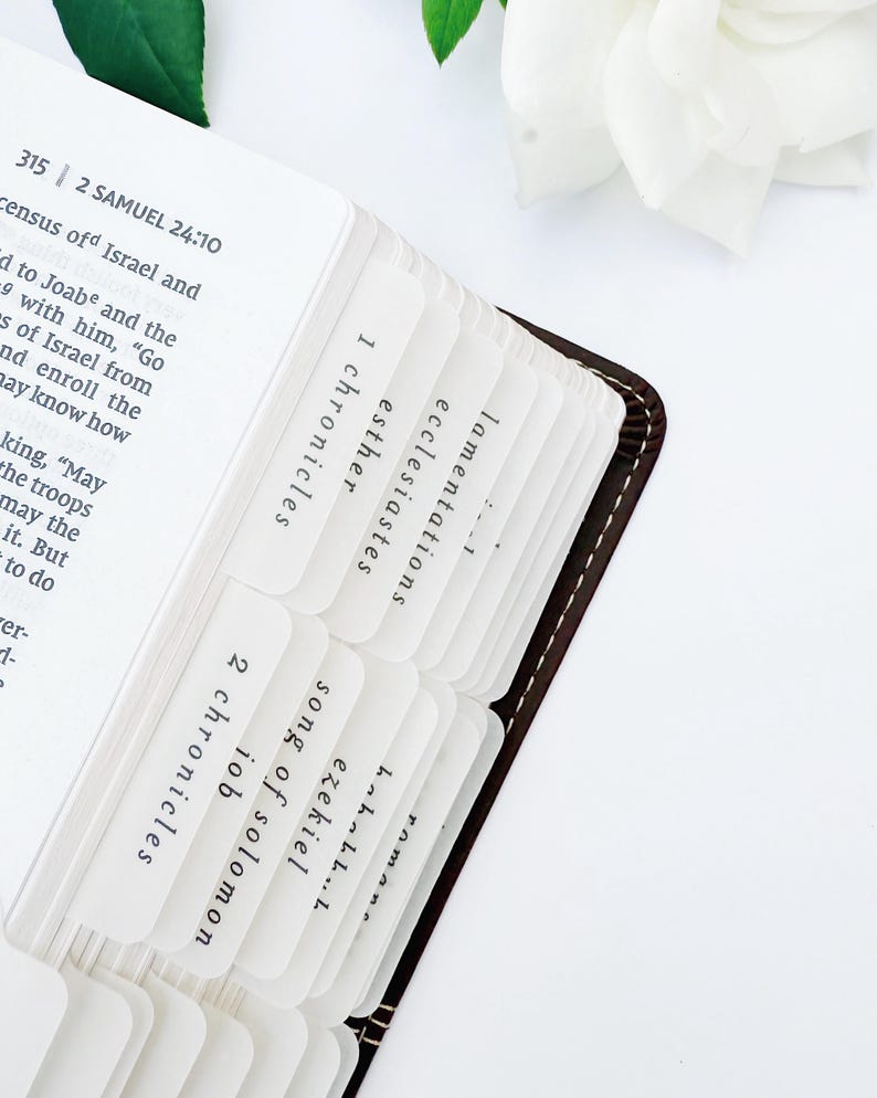 May include: Open Bible with white tab dividers labeled with book names. The Bible has a brown leather cover and white pages. The tabs are in a clear plastic material. A white flower and green leaves are in the background.
