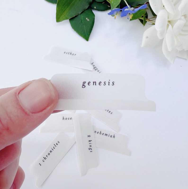 May include: A hand holding several white Bible tabs with black text. The tab in focus reads "genesis". Other tabs visible include "1 chronicles", "2 kings", "hose", "nehemiah", "esther", and "haggai".