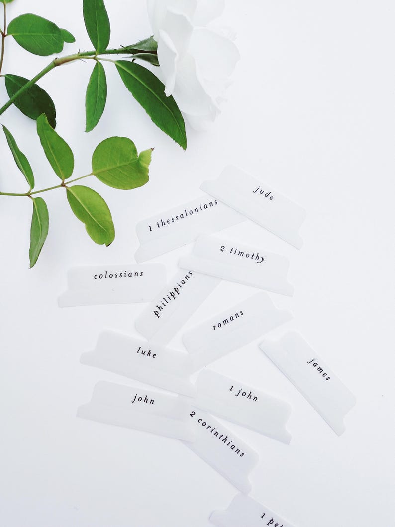 May include: White Bible tabs with black text, including titles like "1 Thessalonians" and "2 Timothy", are scattered on a white surface. A white rose and green leaves are in the background. Ideal for organizing a Bible.