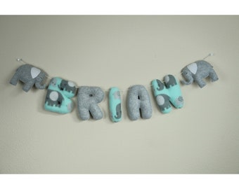 Personalized Fleece Childrens Banner | Handsewn Custom Kids Name Garland | Elephant Theme Nursery