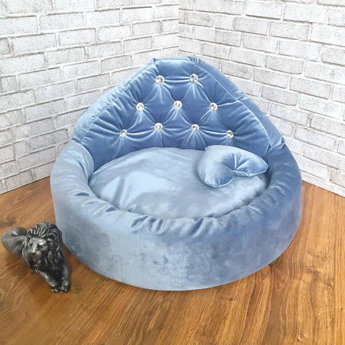 Light Blue Pet Bed. Round Bed With Rhinestones for a Small Etsy