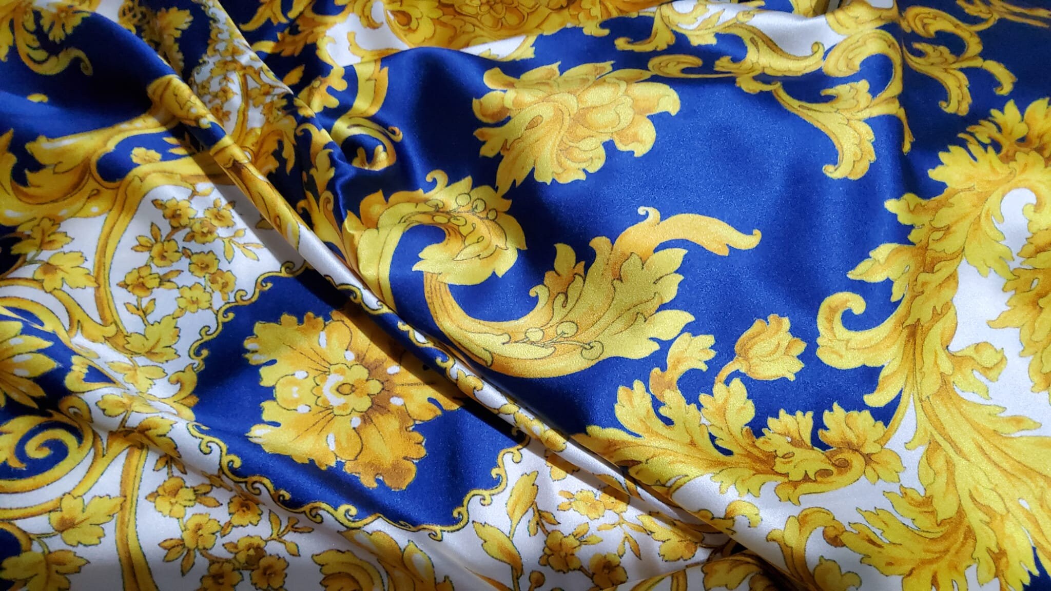 Fabric silk stretch,Baroque in Navy and Gold, Inkjet technique,Limited  Quantity