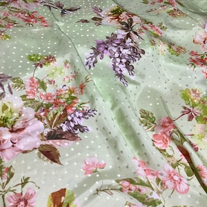 Italian Alta Moda Silk Satin with dots on light mint background with soft plaster coloured flowers,2023collection Limited quantity available