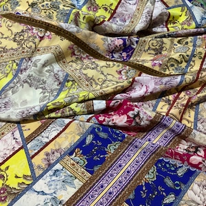 Alta Moda Italian Pure Silk Etro Fabric patchwork with floral and paisley squares,Collection 2023/panel 130*140cm