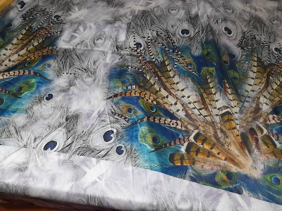 Italian Designer Silk Fabric Alta Moda with Peacock feathers pattern print silk/panel 135*70 cm
