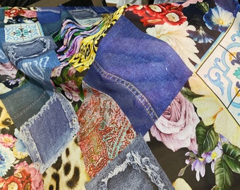 Edizione Limitata Seta Italiana chiffon patchwork quadrati stampa di denim, maioliche, fantasia Sicilia, fiori
