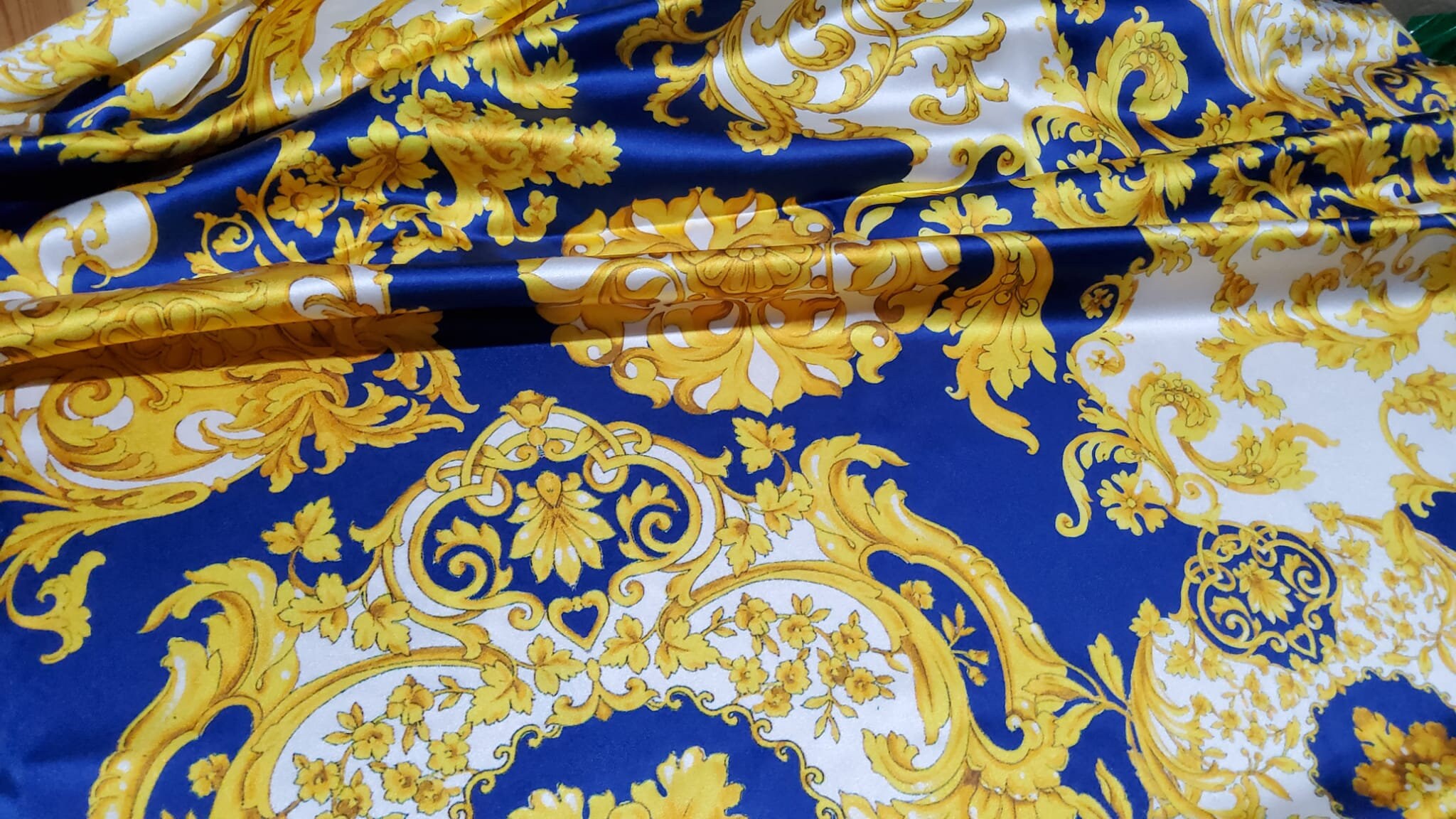 Fabric Silk Stretchbaroque in Navy and Gold Inkjet 