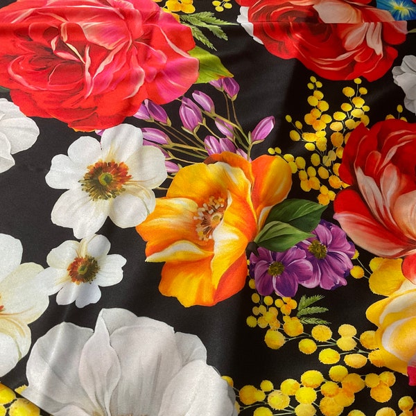 Very Rare Silk Viscose stretch large flowers on a black background,2023 Collection.Limited Only!