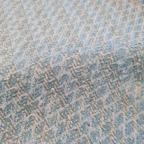 Tissu de coton tweed italien / Couleur bleu pâle / blanc / beige clair