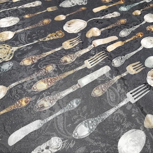 Italian Exclusive Alta Moda viscose jacquard Fabric, LIMITED COLLECTION/forks, spoons, knives on a black background