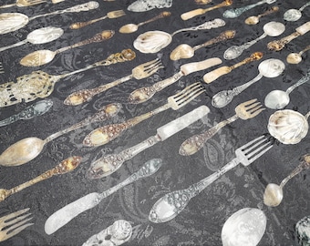 Italian Exclusive Alta Moda viscose jacquard Fabric, LIMITED COLLECTION/forks, spoons, knives on a black background