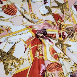 Italian Sea Collection fabric Silk Crepe de Chine Alta Moda fabric in red,pink,gold colours, Inkjet technique,Limited Quantity.Colour#1