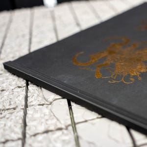May include: A black book with gold foil illustrations and text. The cover features two abstract designs and the words "SCREAM MUSEUM" in gold. The book has a textured, matte finish and a black border.