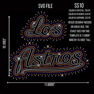 Puede incluir: Un diseño de strass de la palabra "Astros" en naranja, azul y blanco. El diseño mide 11,6899 pulgadas de ancho por 10,1083 pulgadas de alto. El diseño está etiquetado como "SS10" e incluye la cantidad de strass necesarios para cada color.