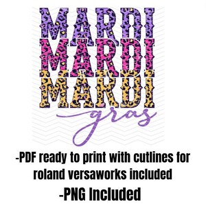Puede incluir: Un diseño digital que presenta las palabras "Mardi Gras" en un formato de capas apiladas. Cada capa de la palabra "Mardi" es de un color diferente: morado, rosa y amarillo. Las letras están delineadas en negro y tienen un patrón de estampado de leopardo.