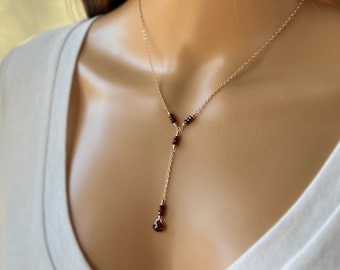GARNET LARIAT NECKLACE - Garnet Necklace - January Birthday Gifts - January Birthstone Necklace - Valentine Gift for Her - Gifts for Mom