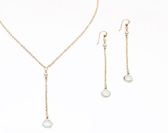 Green Amethyst Lariat Necklace and Drop Earrings Set: Gold Filled Pearl Jewelry