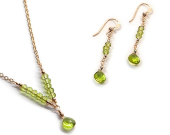 Set met druppelvormige peridootketting en oorbellen: 14k gold filled, geboortesteen augustus