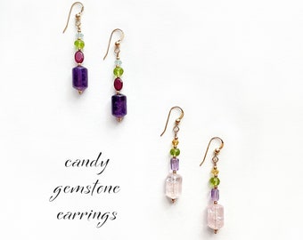 CANDY GEMSTONE EARRINGS, candy gemstone dangling earrings, amethyst earrings, rose quartz earrings, citrine, garnet, peridot, aquamarine