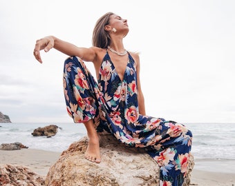 Jumpsuit- Silk Jumpsuit- Indian - Silk Jumpsuit - flowers silk - V-neck - summer Jumpsuit