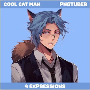 May include: A digital illustration of a blue-haired cat person with a white shirt, black vest, and a black tie. The person is smiling and has a pair of glasses on their nose. The background is light blue. The text "COOL CAT MAN" is at the top left of the image and "PNGTUBER" is at the top right. The text "4 EXPRESSIONS" is at the bottom center of the image.