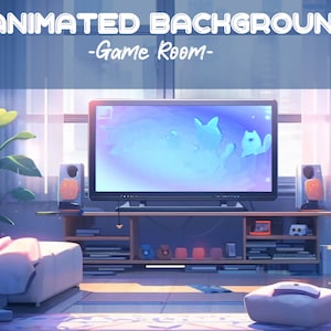 Può includere: Un'illustrazione digitale di una sala giochi con un grande schermo televisivo che mostra uno sfondo animato blu e bianco, un divano bianco, un letto bianco, una pianta e una libreria con vari oggetti. Il testo "ANIMATED BACKGROUND -Game Room- Perfect Loop 60fps-1920x1080" è visualizzato nella parte superiore dell'immagine.