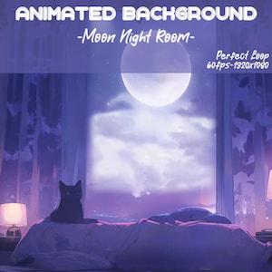 May include: A black cat sits on a bed in a room with a window overlooking a moonlit night. The room is decorated with a lamp and curtains. The text "Animated Background -Moon Night Room- Perfect Loop 60fps-1920x1080" is visible in the top right corner.