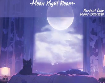 Animierter VTuber Mond Nacht Raum Hintergrund: Gothic Cat Stream Overlay (MP4/PNG)