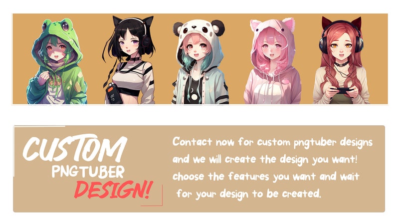 May include: An illustration featuring five anime-style characters, each wearing a different animal-themed hoodie: a frog, cat, panda, pig, and cat. Below, text reads "CUSTOM PNGTUBER DESIGN!" and a call to action for custom designs.