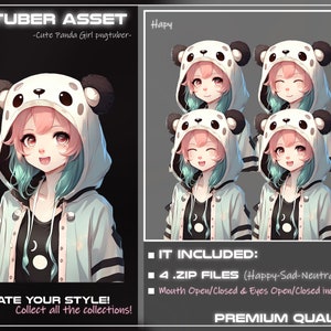 May include: A digital illustration of a cartoon girl with pink hair wearing a panda hoodie. The image is divided into two sections. The left side shows the girl from the chest up, and the right side shows four different expressions of the girl's face. The text "VTUBER ASSET" is at the top of the image, and the text "CREATE YOUR STYLE! Collect all the collections!" is at the bottom of the image.