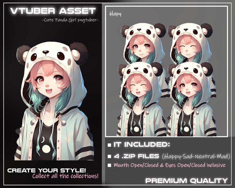 May include: A digital illustration of a cartoon girl with pink hair wearing a panda hoodie. The image is divided into two sections. The left side shows the girl from the chest up, and the right side shows four different expressions of the girl's face. The text "VTUBER ASSET" is at the top of the image, and the text "CREATE YOUR STYLE! Collect all the collections!" is at the bottom of the image.