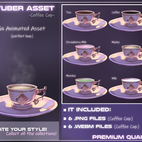 Può includere: Un asset digitale animato di una tazza di caffè fumante con un bordo dorato e un motivo a diamante decorativo. La tazza è su un piattino e ci sono sei liquidi di diversi colori nella tazza, tra cui tè, caffè, latte alla fragola, mocha, matcha e latte. Il testo "VTUBER ASSET -Coffee Cup- 6x Animated Asset (perfect loop) CREATE YOUR STYLE! Collect all the collections! IT INCLUDED: 6 .PNG FILES (Coffee Cup) 6 .WEBM FILES (Coffee Cup) PREMIUM QUALITY" è sull'immagine.