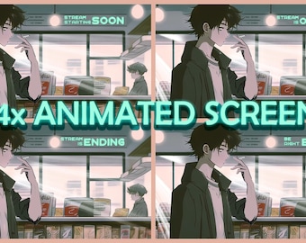 Paquete de transmisión de anime lo-fi: Pantallas de una tienda de snacks retro (vídeos animados en formato .webm y .mp4)