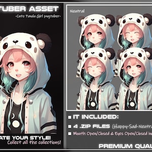 May include: Digital illustration of a cartoon character with pink hair and green eyes wearing a blue and white panda hoodie. The character has four different facial expressions: neutral, happy, sad, and mad. The text "VTUBER ASSET" and "Cute Panda Girl pugtuber" is at the top of the image. The text "IT INCLUDED: 4.ZIP FILES (Happy-Sad-Neutral-Mad) Mouth Open/Closed & Eyes Open/Closed inclusive" is at the bottom of the image. The text "CREATE YOUR STYLE! Collect all the collections!" is at the bottom left of the image. The text "PREMIUM QUALITY" is at the bottom right of the image.