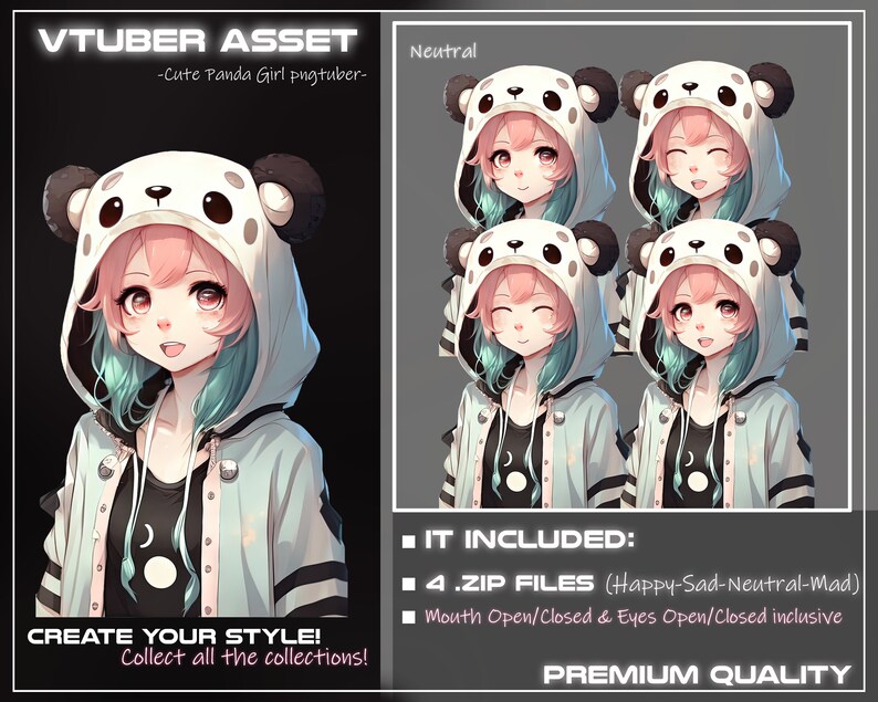 May include: Digital illustration of a cartoon character with pink hair and green eyes wearing a blue and white panda hoodie. The character has four different facial expressions: neutral, happy, sad, and mad. The text "VTUBER ASSET" and "Cute Panda Girl pugtuber" is at the top of the image. The text "IT INCLUDED: 4.ZIP FILES (Happy-Sad-Neutral-Mad) Mouth Open/Closed & Eyes Open/Closed inclusive" is at the bottom of the image. The text "CREATE YOUR STYLE! Collect all the collections!" is at the bottom left of the image. The text "PREMIUM QUALITY" is at the bottom right of the image.