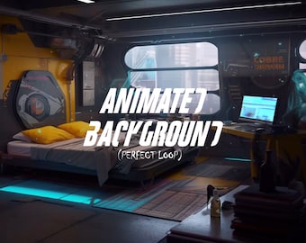 May include: A futuristic bedroom with a bed, a desk, and a window with a city view. The text "ANIMATE? BACKGROUND? (PERFECT LOOP)" is displayed on the image.