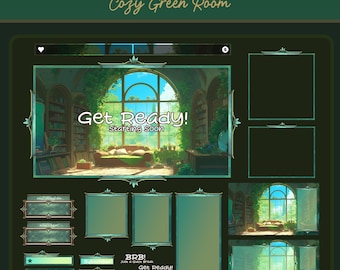 Cozy Green Room Animated Stream Pack: Twitch Overlay Bundle